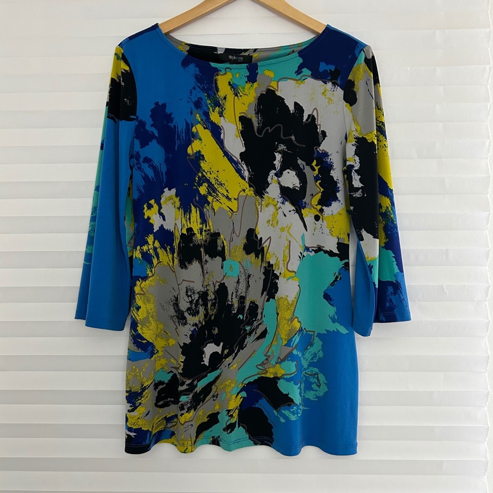 Style‎ & Co Petite Blue Abstract Floral 3/4 Bell Sleeve Top PXL Artsy Pullover